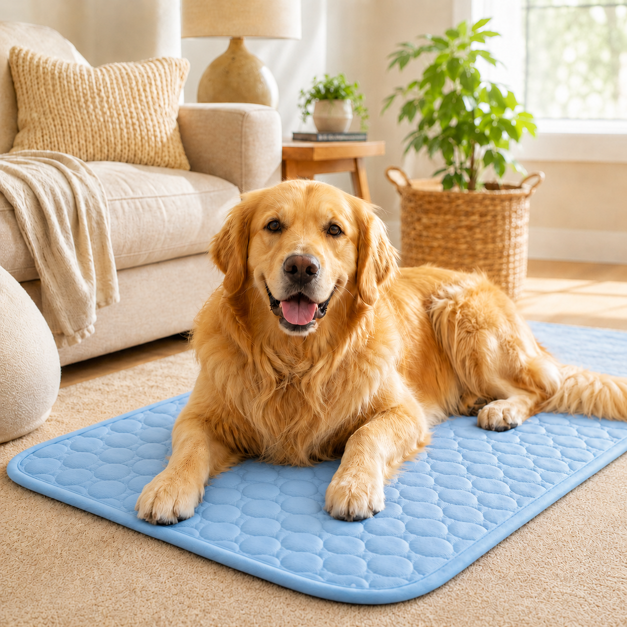 Dog resting on a cooling mat